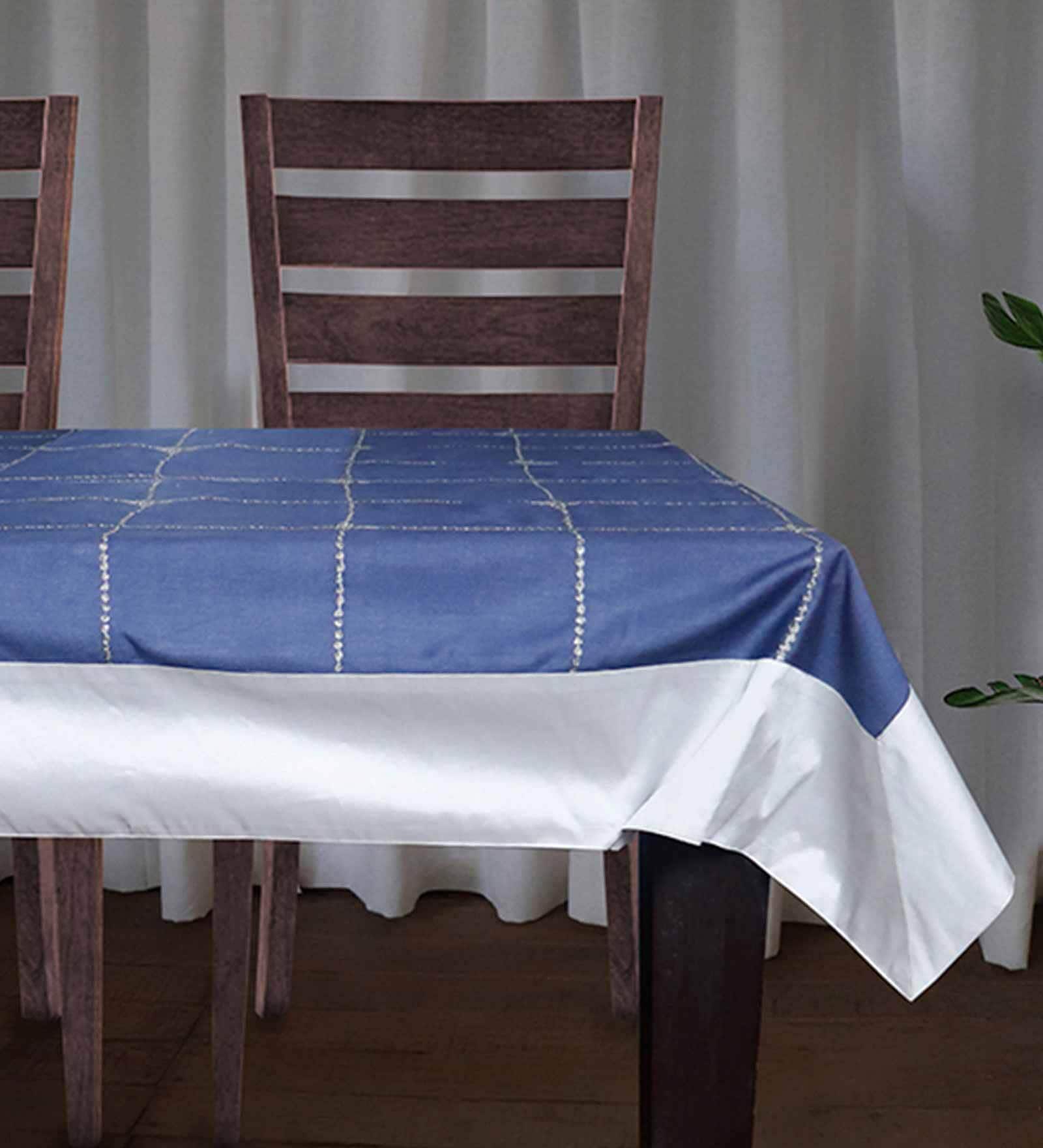 Dilan (52x84) Navy Blue & White Cotton Silk Table Cloth