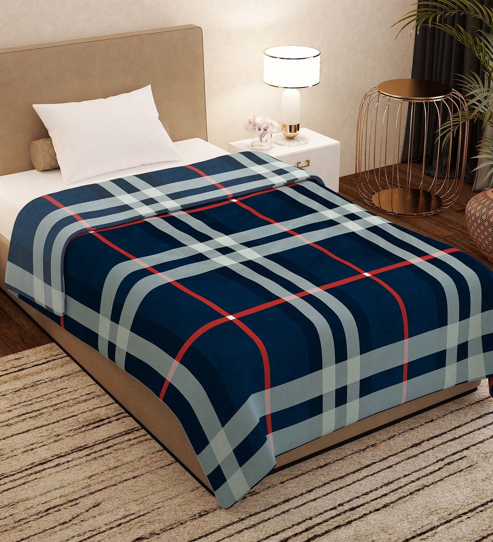 Buy Navy Blue Polyester Check 300 GSM Finley Single Bed Blankets by