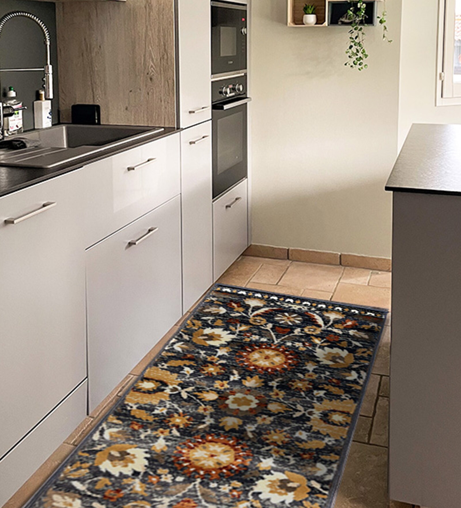 Navy Blue Polyester Floral 55 x 22 Inches Runner