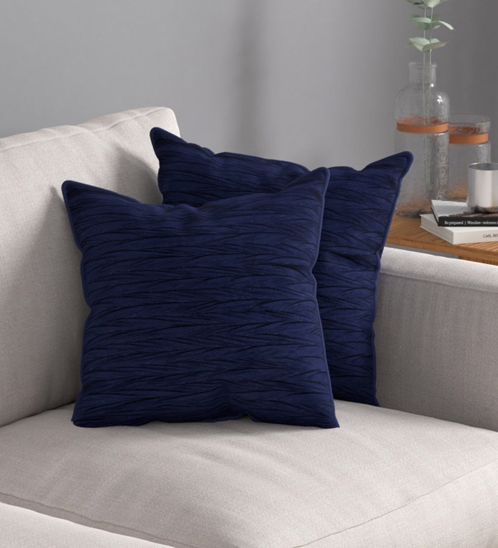 Navy Blue Textured Polyester 16 x 16 Inches Cushion Covers (Set of 2)