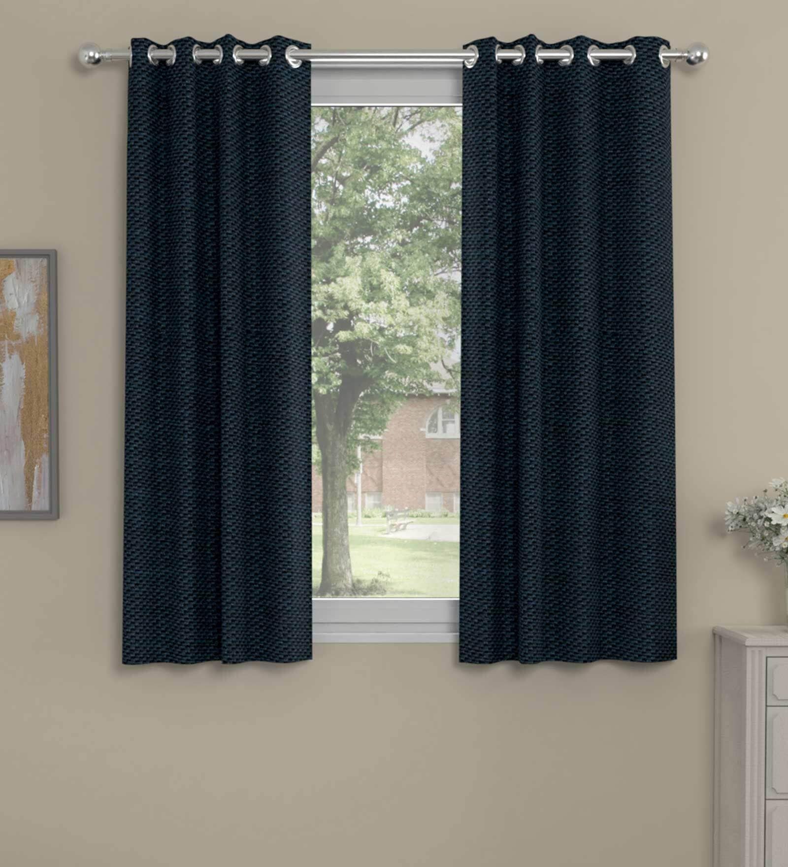 Navy Blue Polyester Solid 5 Ft  Blackout Eyelet 2 Window Curtains