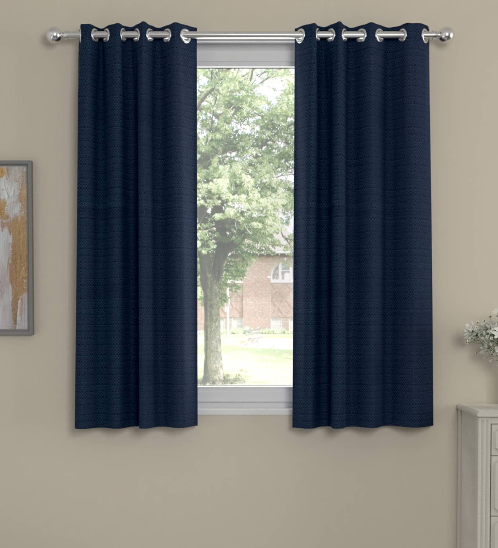 Navy Blue Polyester Solid 5 Ft Semisheer Eyelet 2 Window Curtains
