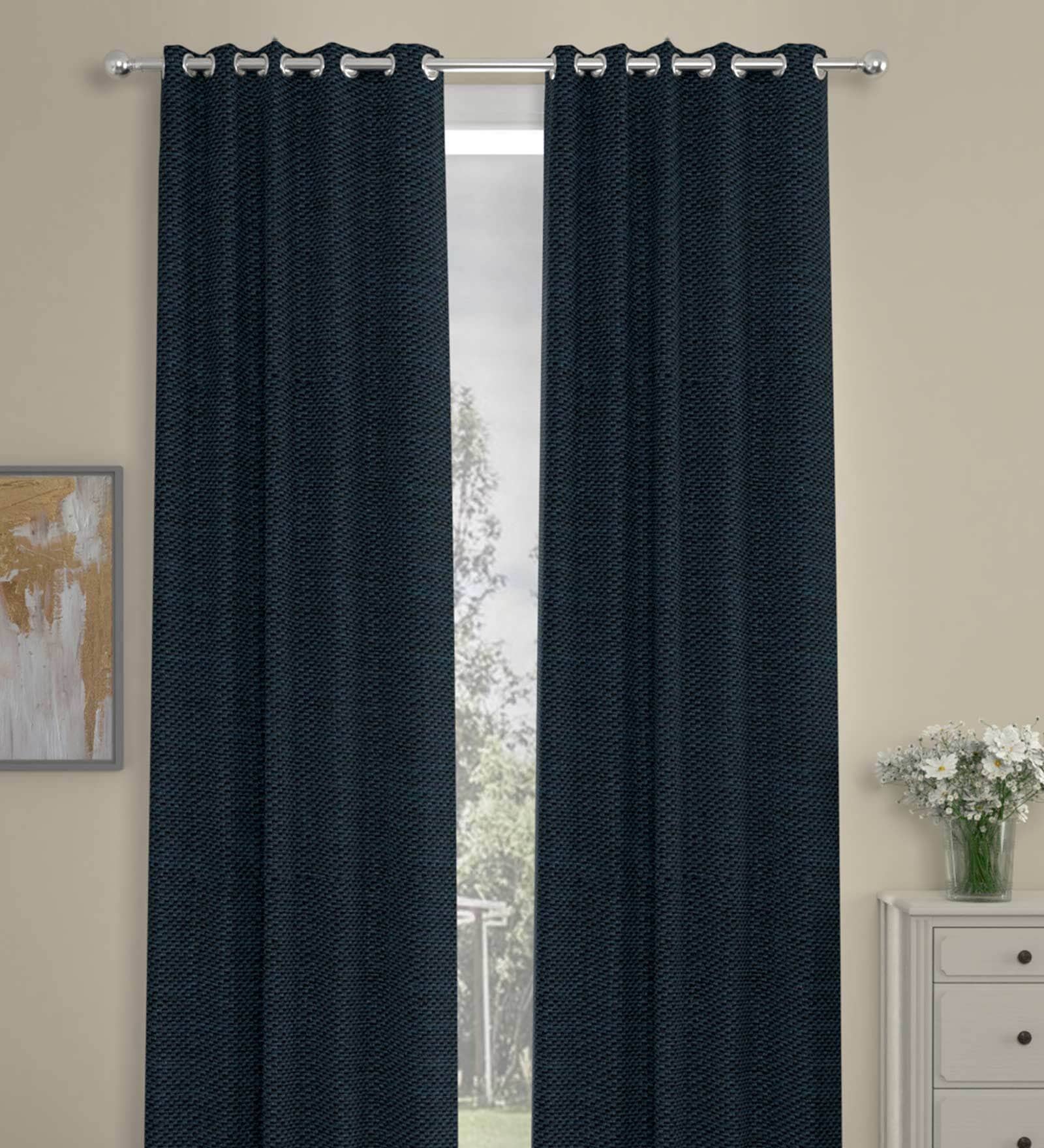 Navy Blue Solid Polyester 9 Ft Blackout Eyelet Door Curtains (Set of 2)