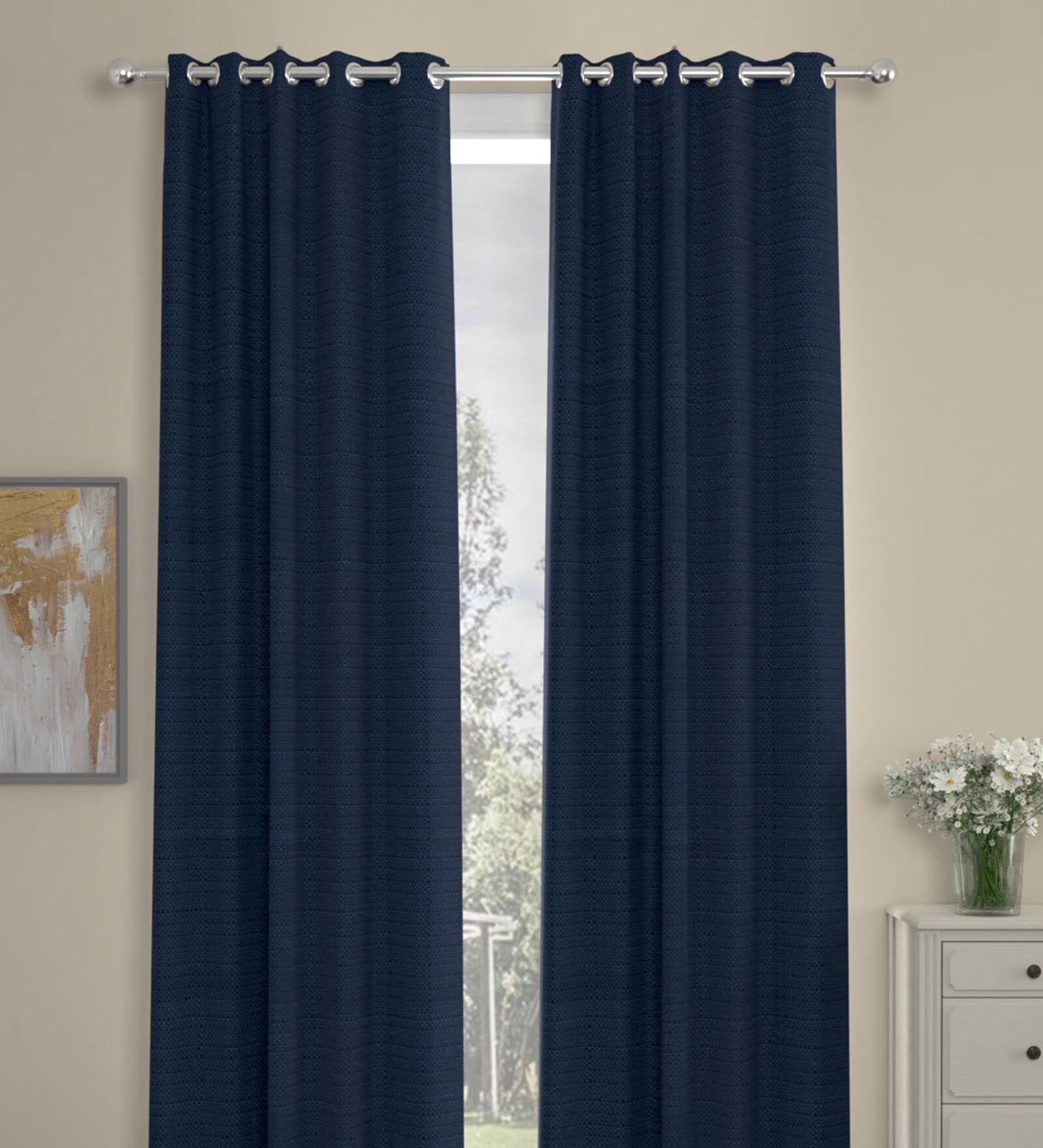 Navy Blue Polyester Solid 9 Ft Semisheer Eyelet 2 Door Curtains