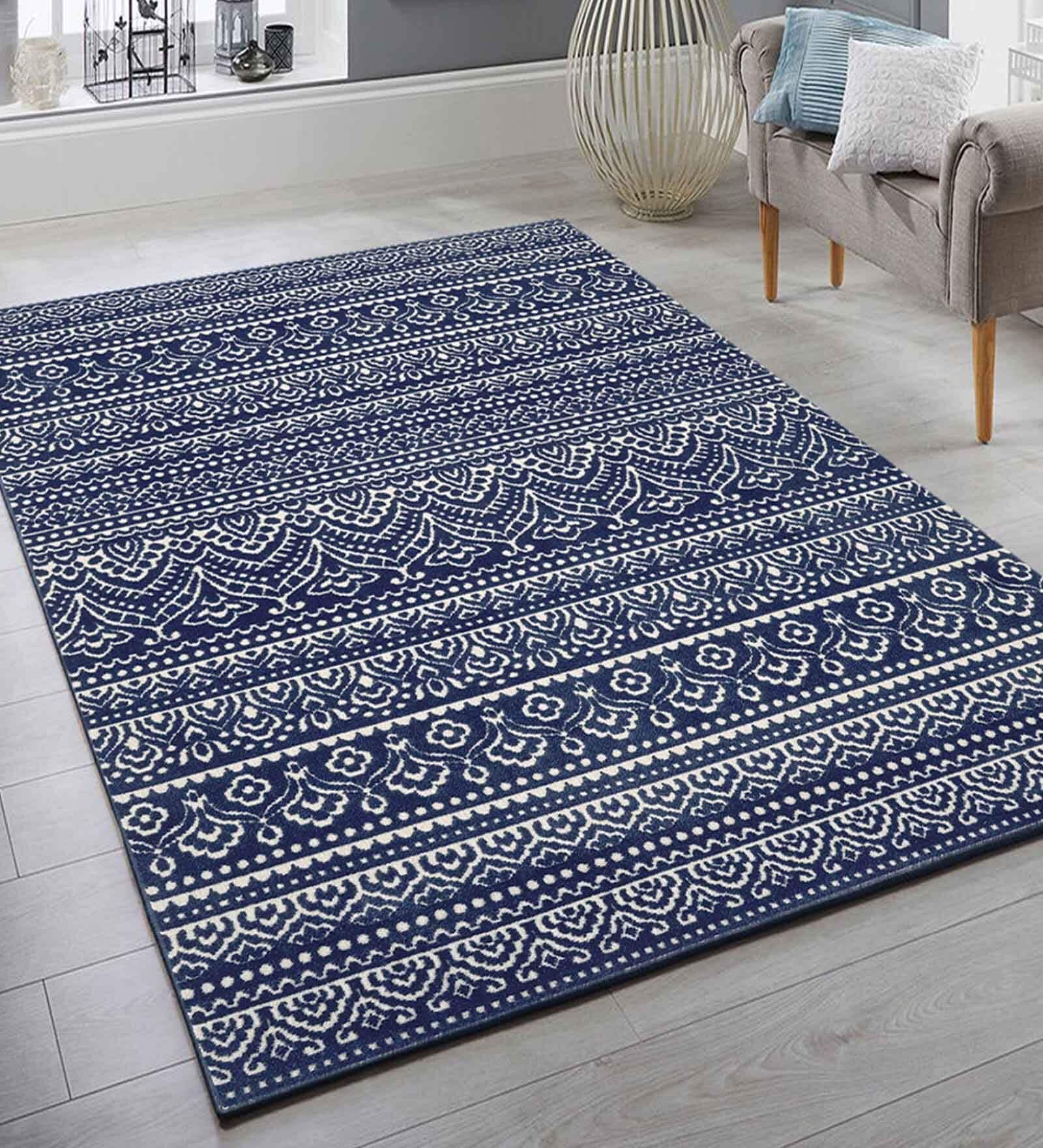 Navy Blue Abstract Polypropylene 4 ft x 6 ft Machine Made Carpet