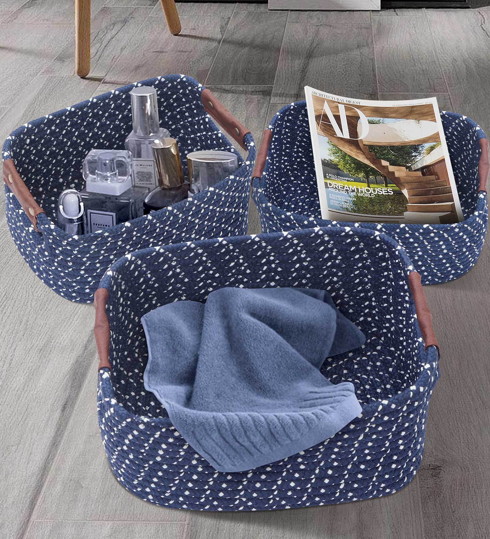 Navy Blue Polypropylene Non Foldable Multi Purpose Storage Baskets (Set of 3)