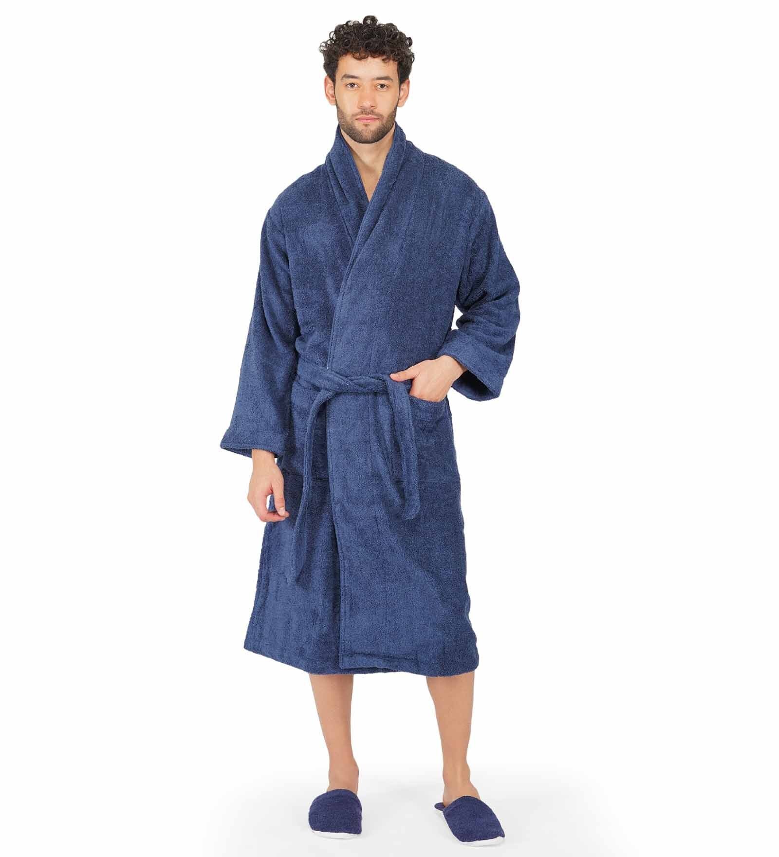 Navy Blue Solid 100% Cotton Men Bathrobe (L)