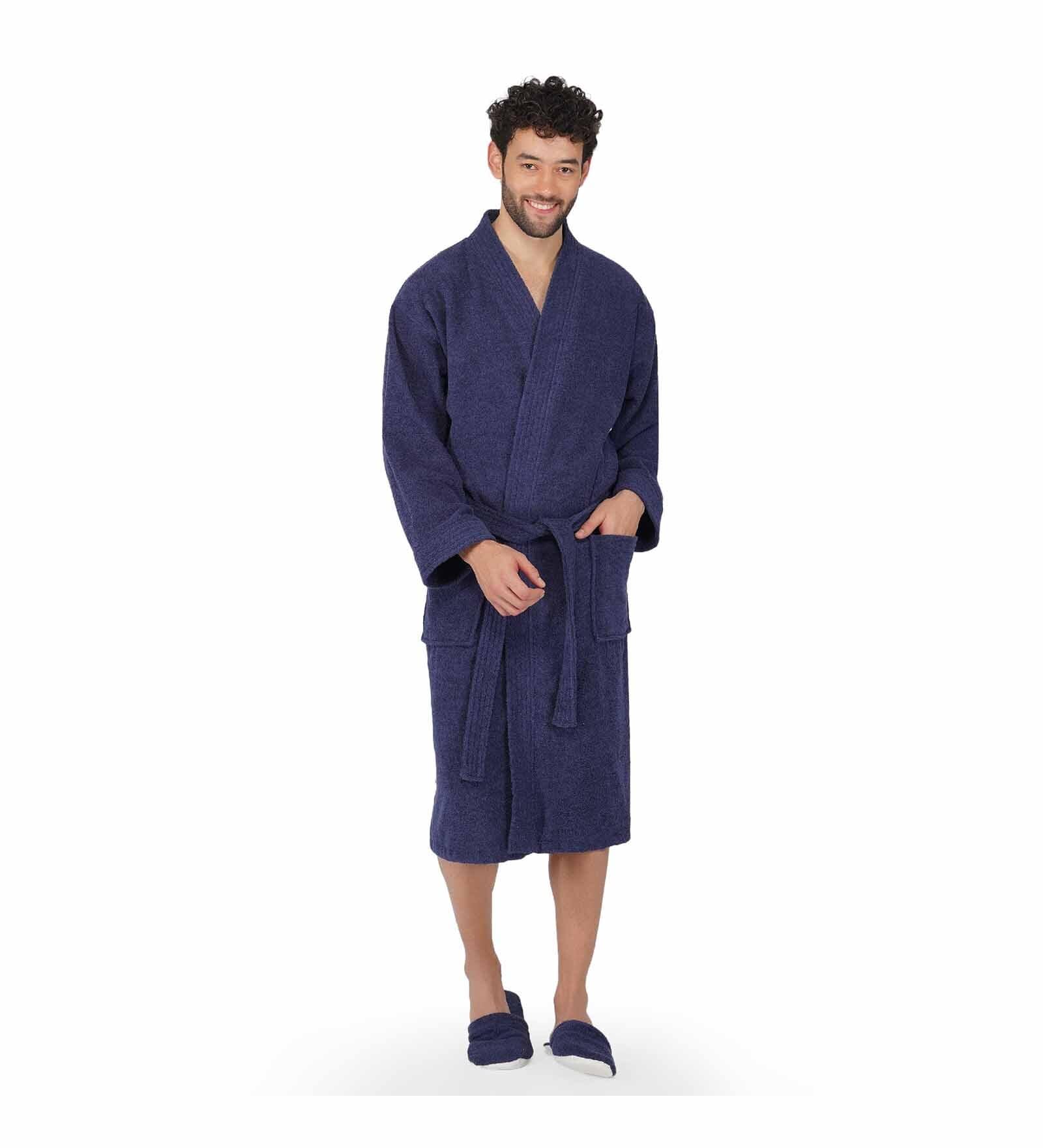 Buy Navy Blue Solid 100% Cotton Unisex Bathrobe With Slippers (XL) By ...