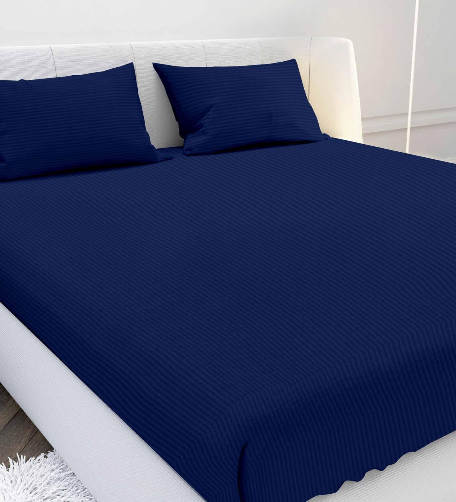 Navy Blue Solid 210 TC Cotton Queen Sized Double Bedsheet with 2 Pillow Covers Satin Stripe 2024 Collection Navy Blue Solid 210 TC Cotton Queen Sized Double Bedsheet with 2 Pillow Covers Satin Stripe 2024 Collection