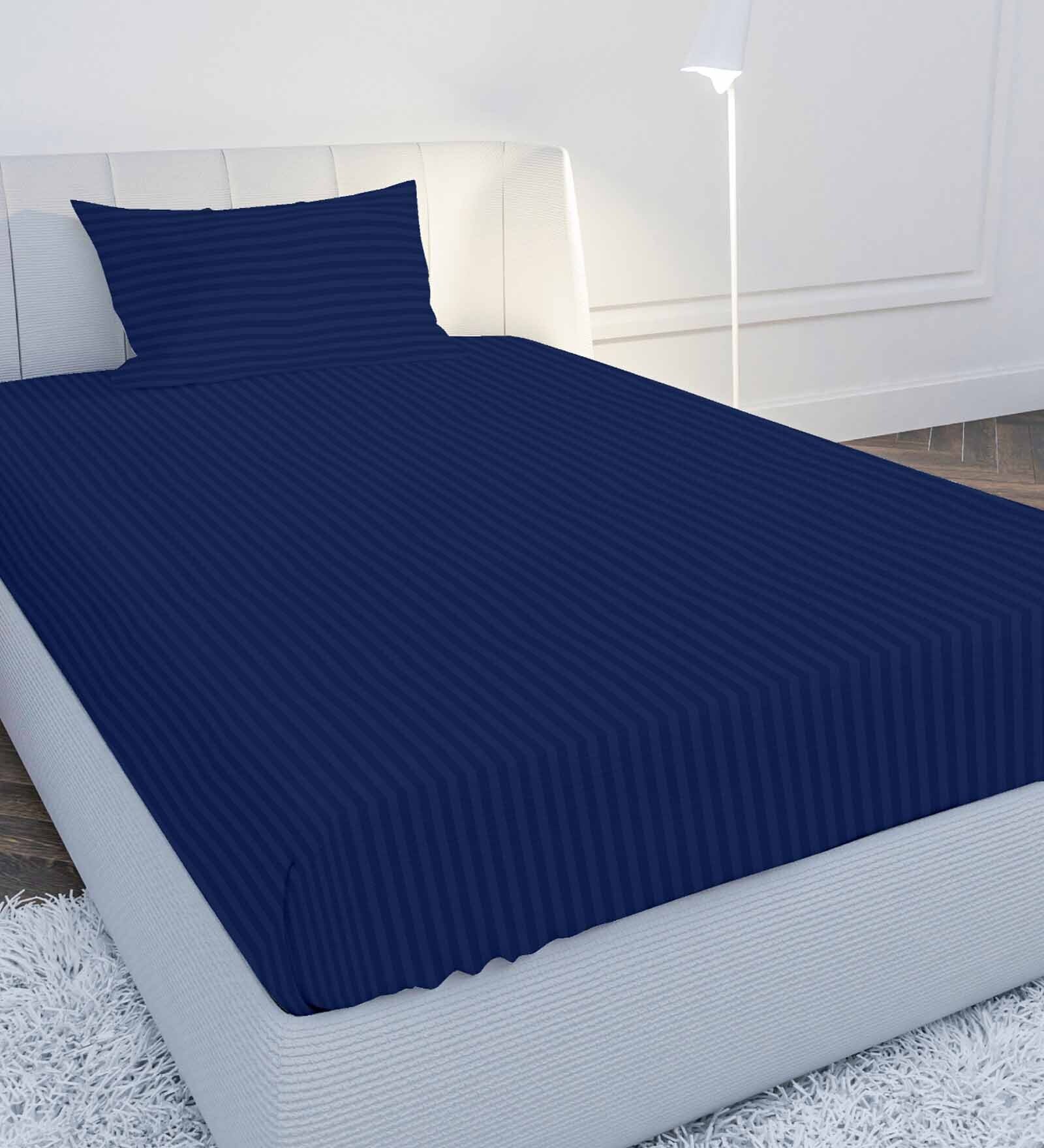 Navy Blue Solid 210 TC Cotton Single Sized Bedsheet with 1 Pillow Cover Satin Stripe 2024 Collection Navy Blue Solid 210 TC Cotton Single Sized Bedsheet with 1 Pillow Cover Satin Stripe 2024 Collection