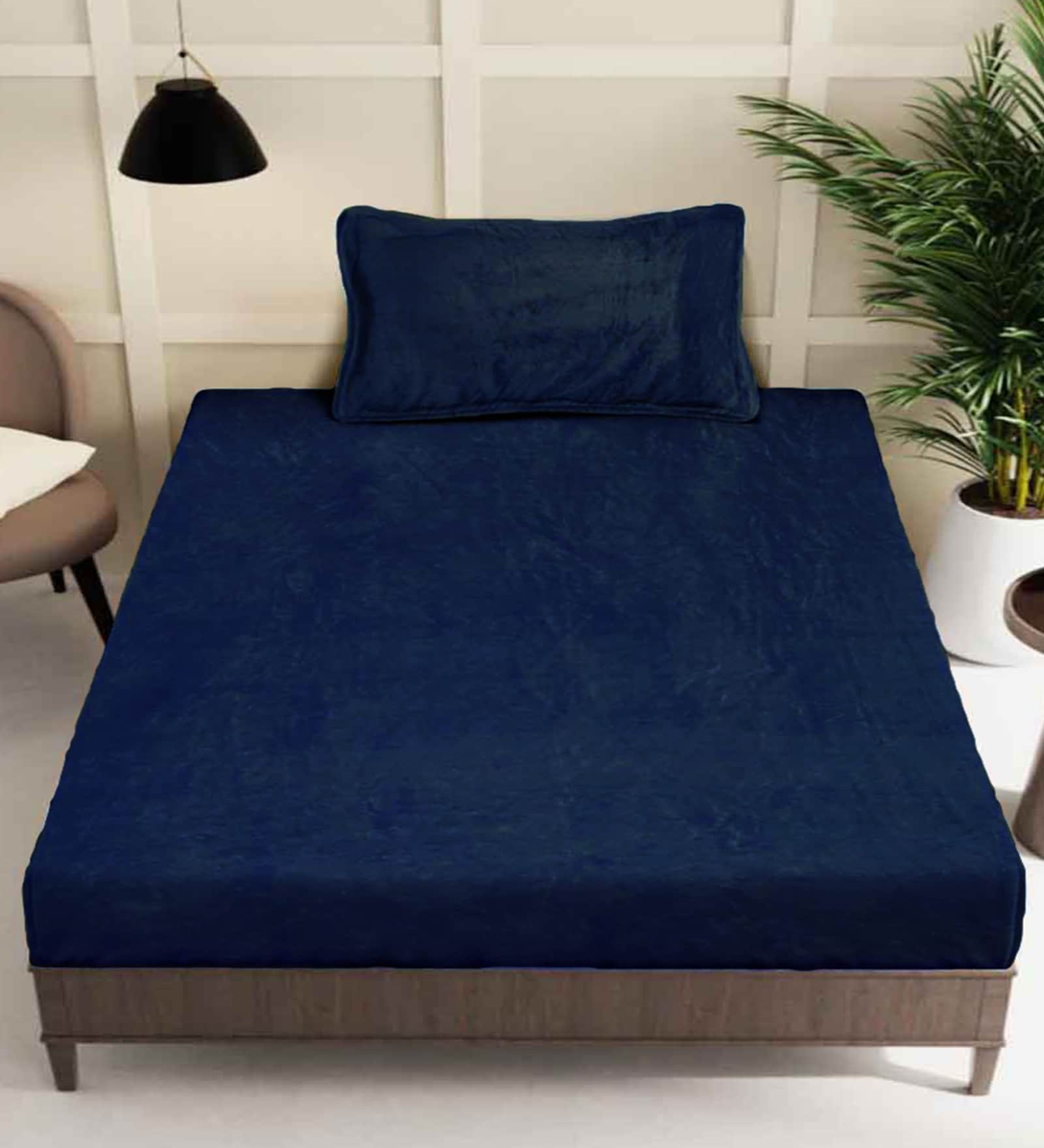 Navy Blue Solid 300 TC Woollen Fitted Single Bedsheet with Pillow Cover