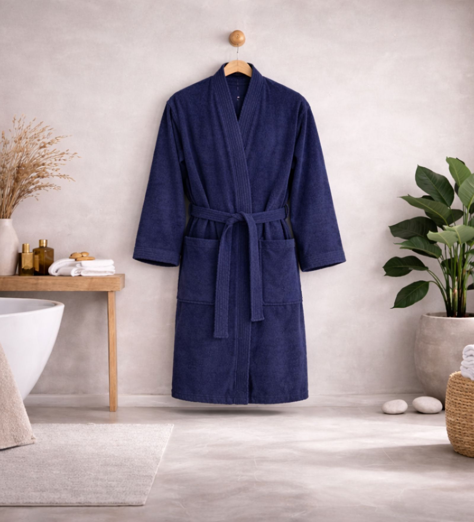 Navy Blue Solid Cotton Men Bath Robe With Belt (S)