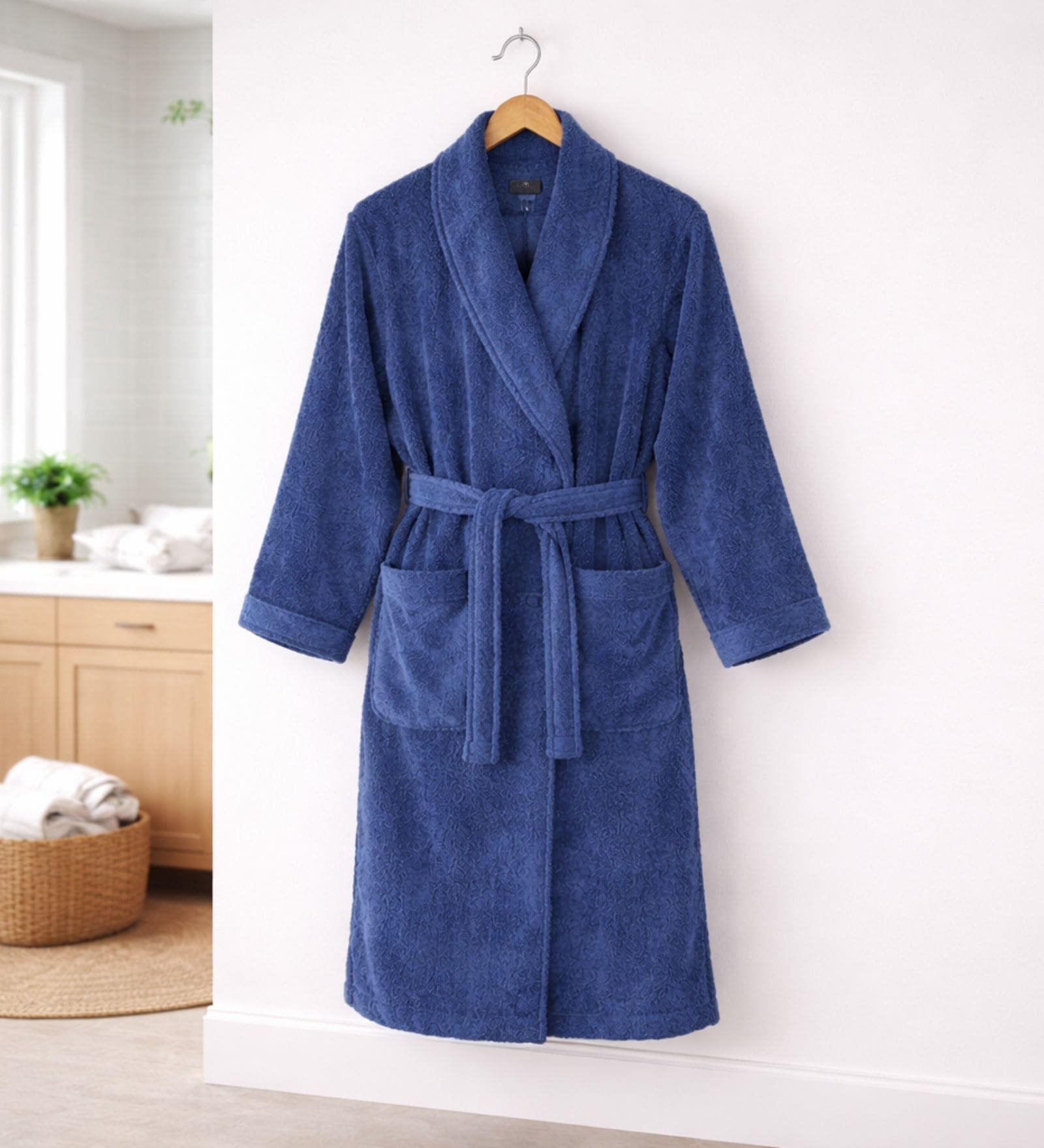 Navy Blue Solid Cotton Men Bath Robe With Belt (XL) Navy Blue Solid Cotton Men Bath Robe With Belt (XL)