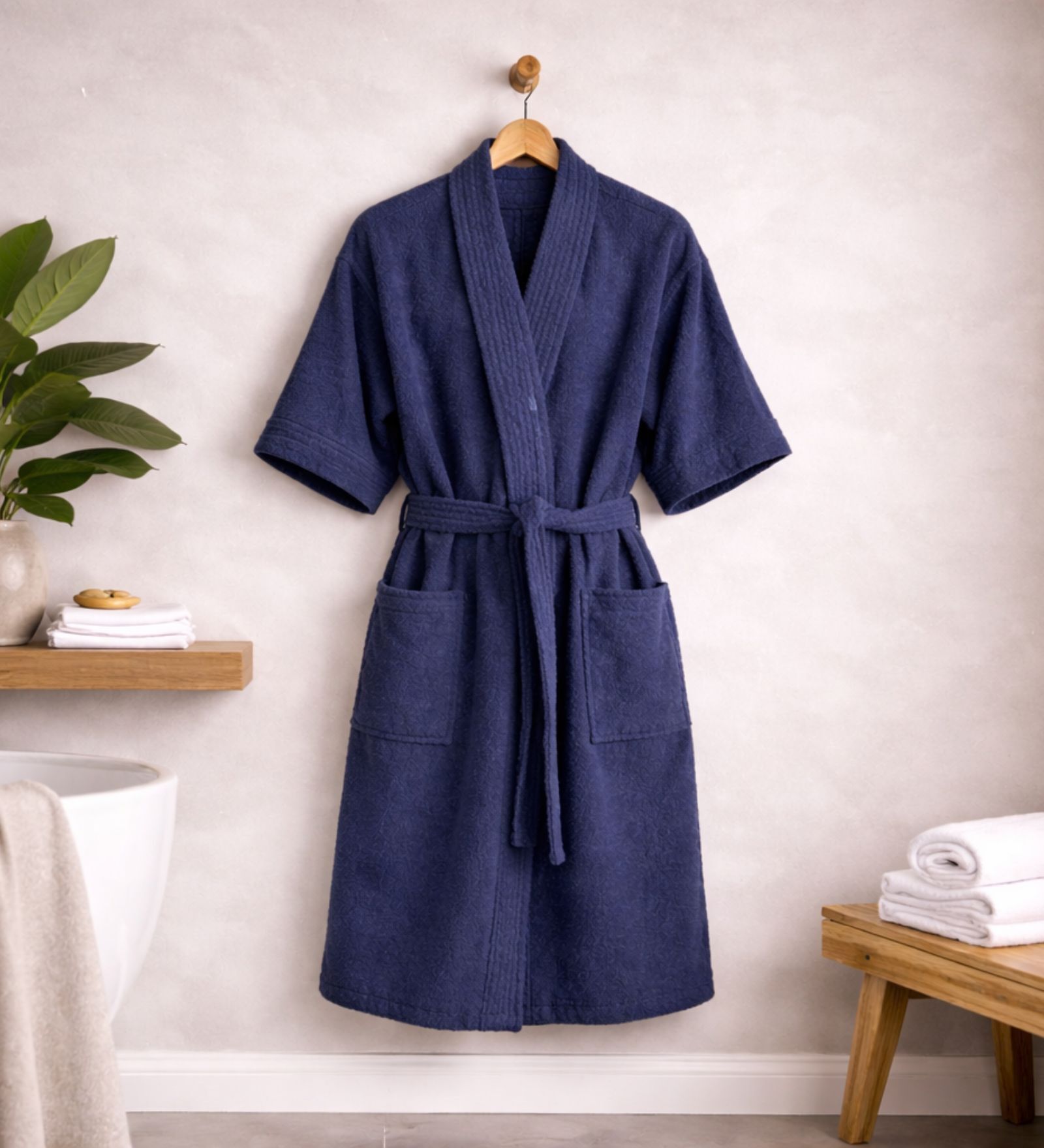Navy Blue Solid Cotton Women Bath Robe With Belt (XL)