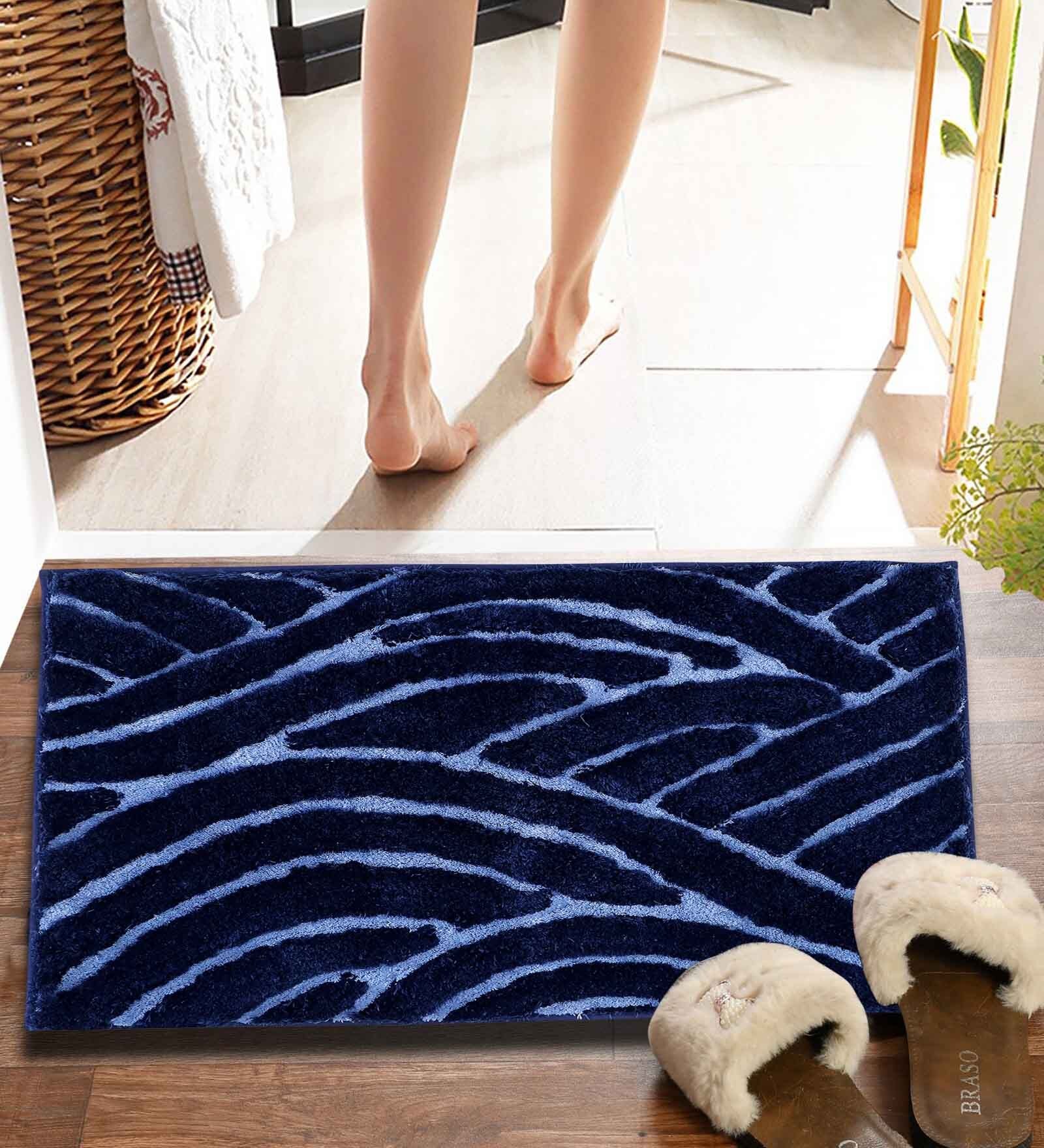 Navy Blue Striped MicroFibre 15x10 Inches Antiskid Bath Mats