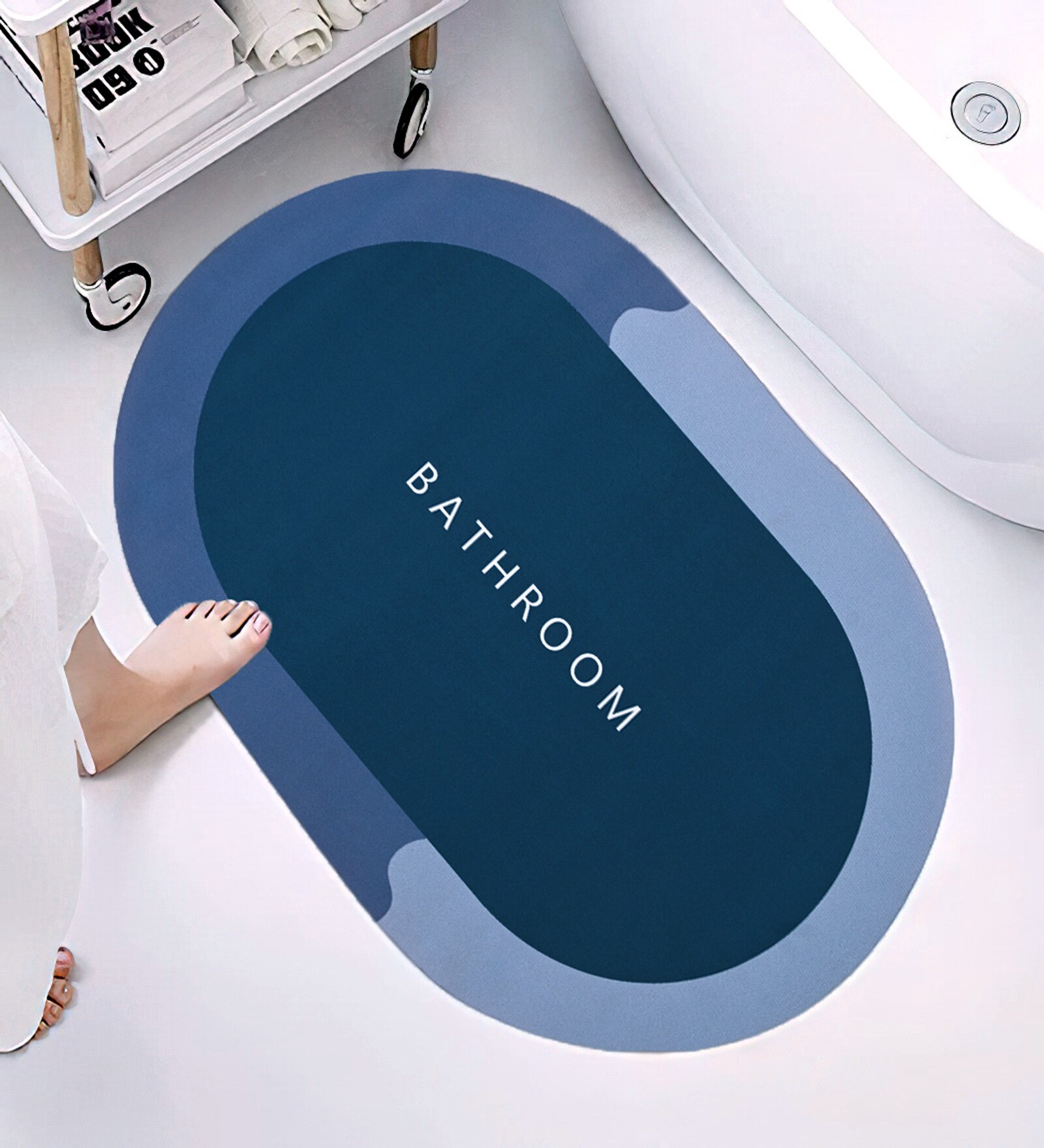 Navy Blue Slogan Rubber 23.6X15.7 Inches Max Absorbant (1Pc) Oval Bath Mat