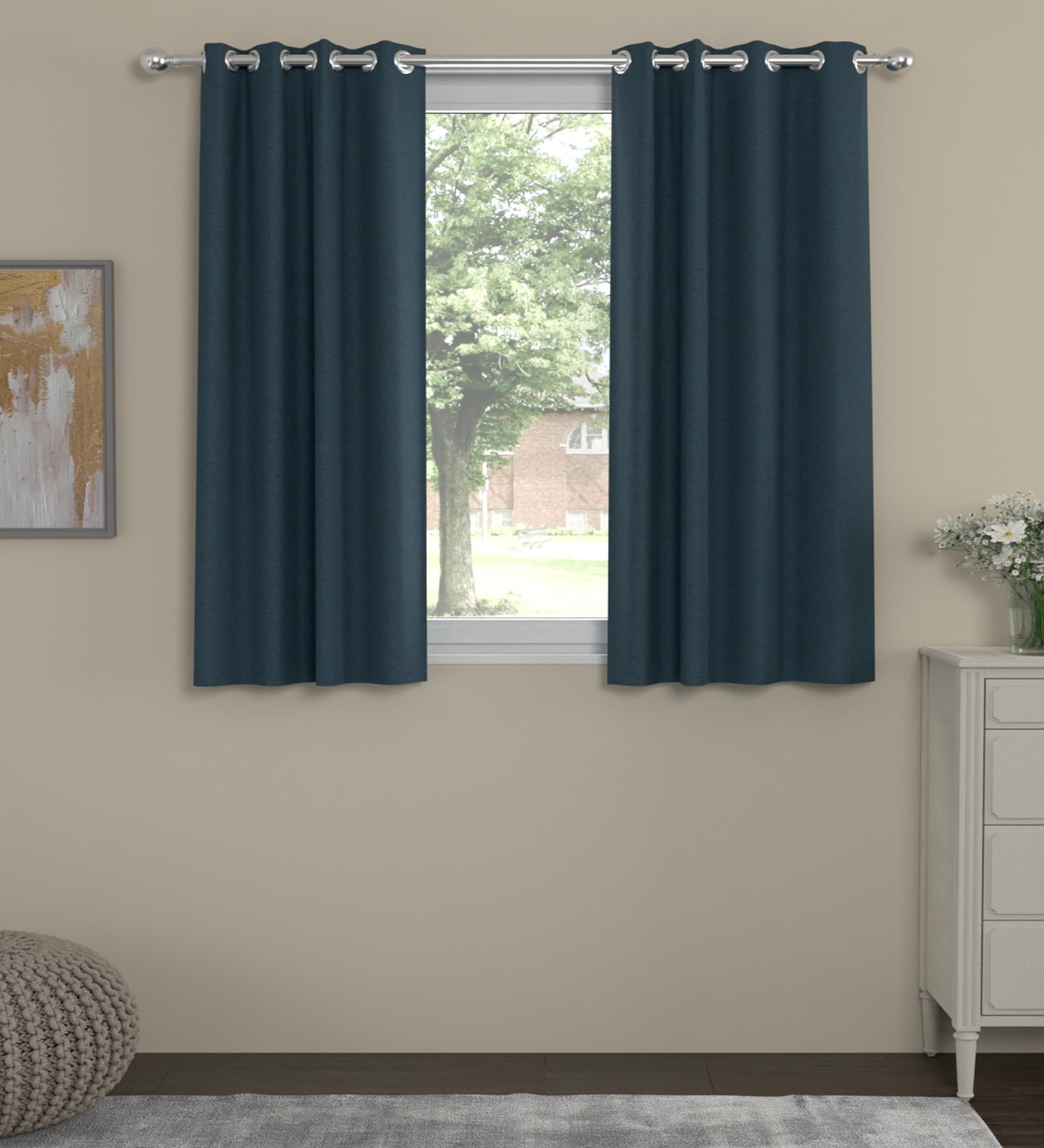 Navy Blue Velvet Solid 5ft Regular Eyelet Window Curtains (2 Pc)