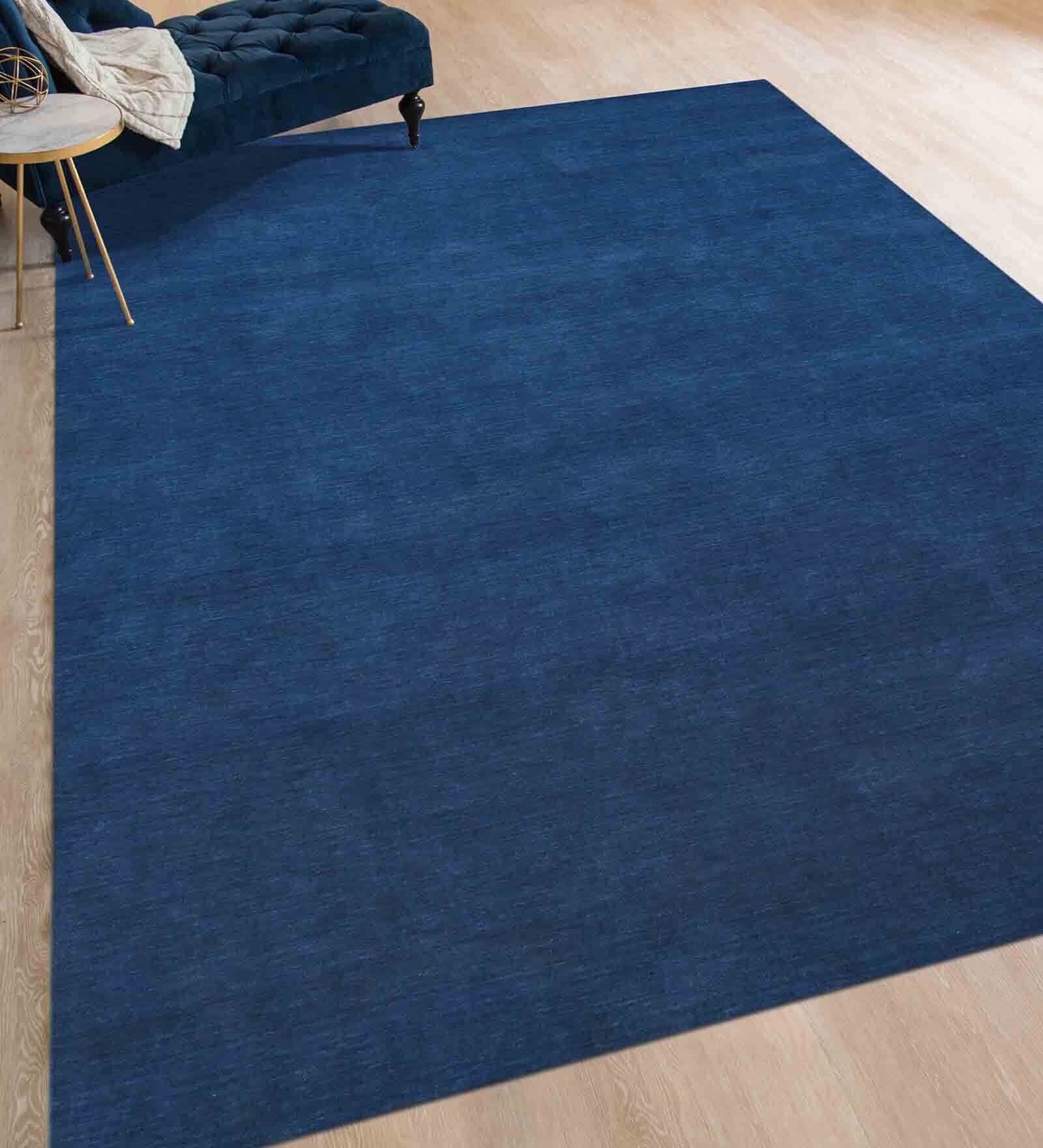 Blue Solid Wool 4 ft x 6 ft Hand Woven Carpet