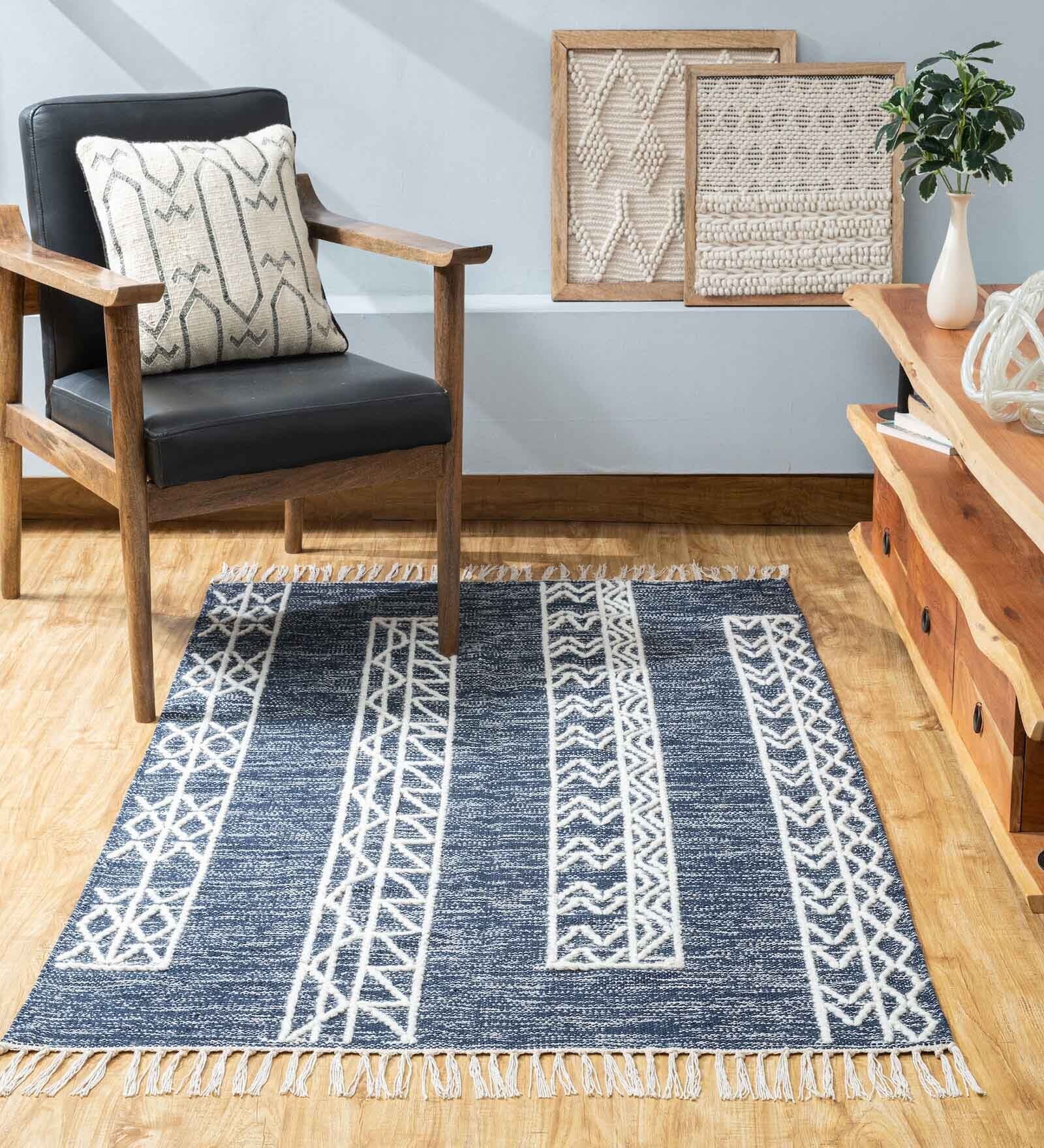 Navy Blue Wool and Cotton 5 ft X 8 ft Hand Woven Dhurrie