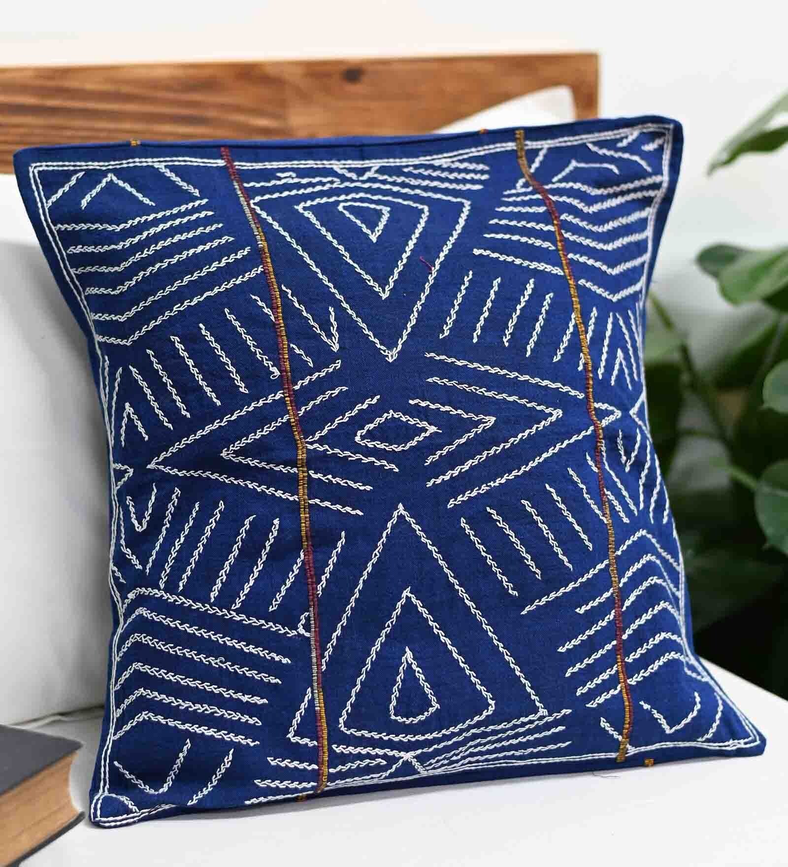 Red - Hand Embroidery Plain Cotton Cushion Cover (16 x 16 in)