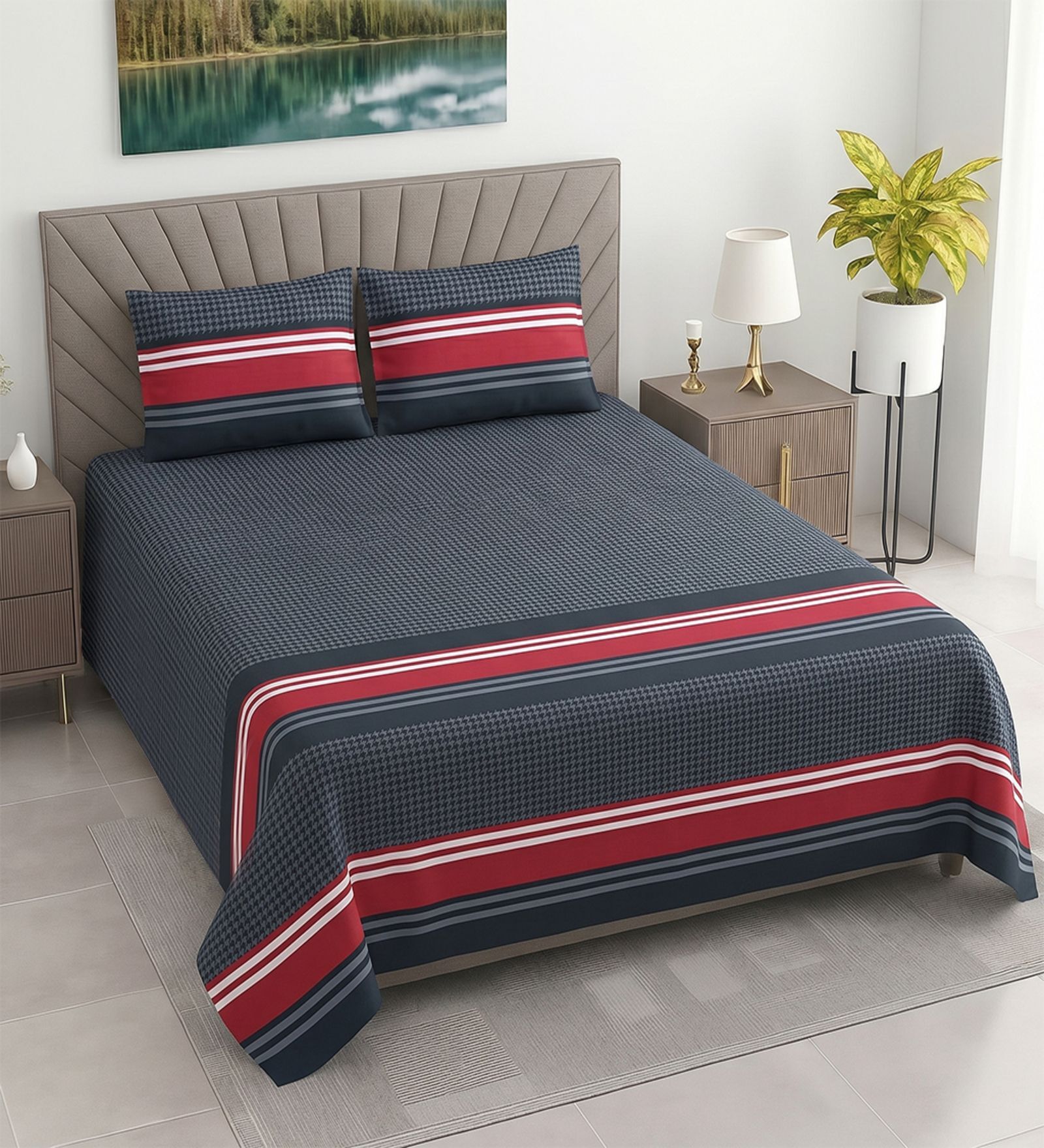 Navy Geometric 400 TC Cotton Superking Size Bedsheet With 2 Pillow Covers Threads Stripes Collection