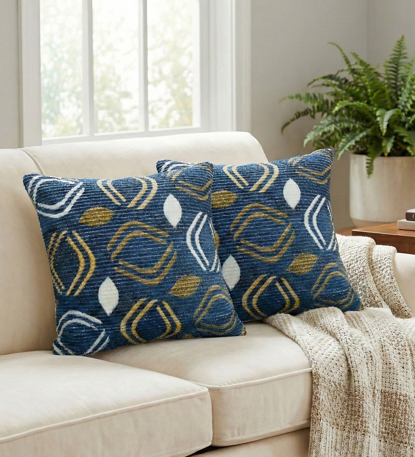Navy Polyester Abstract 20x20 inches Cushion Covers Set of 2