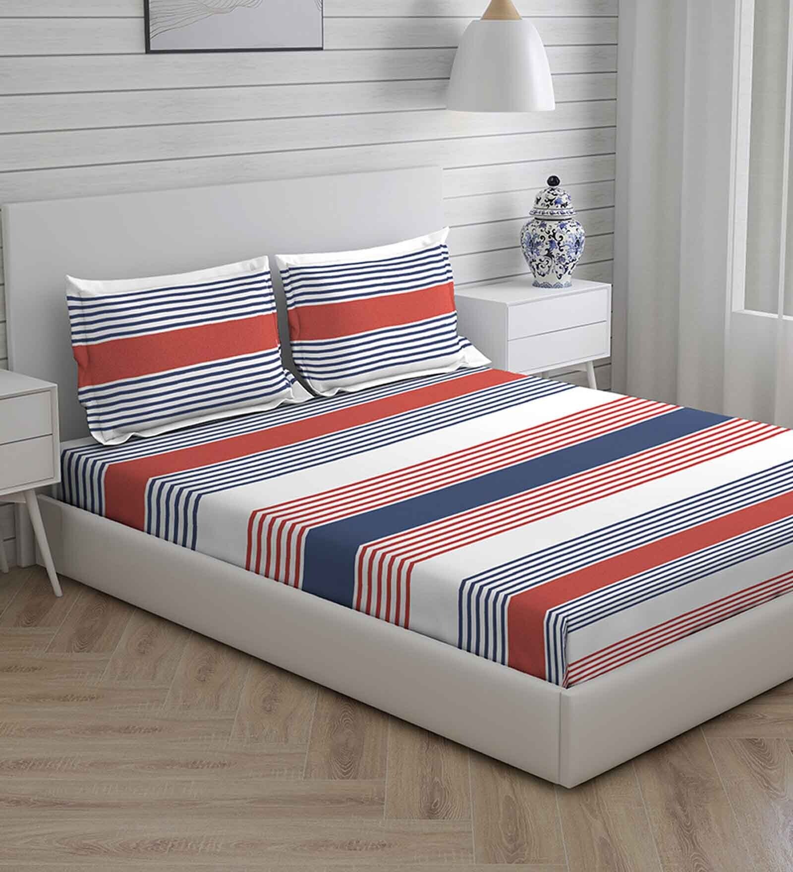 Buy Navy Blue Striped 160 TC Cotton King Sized Bed Sheets with 2 Pillow