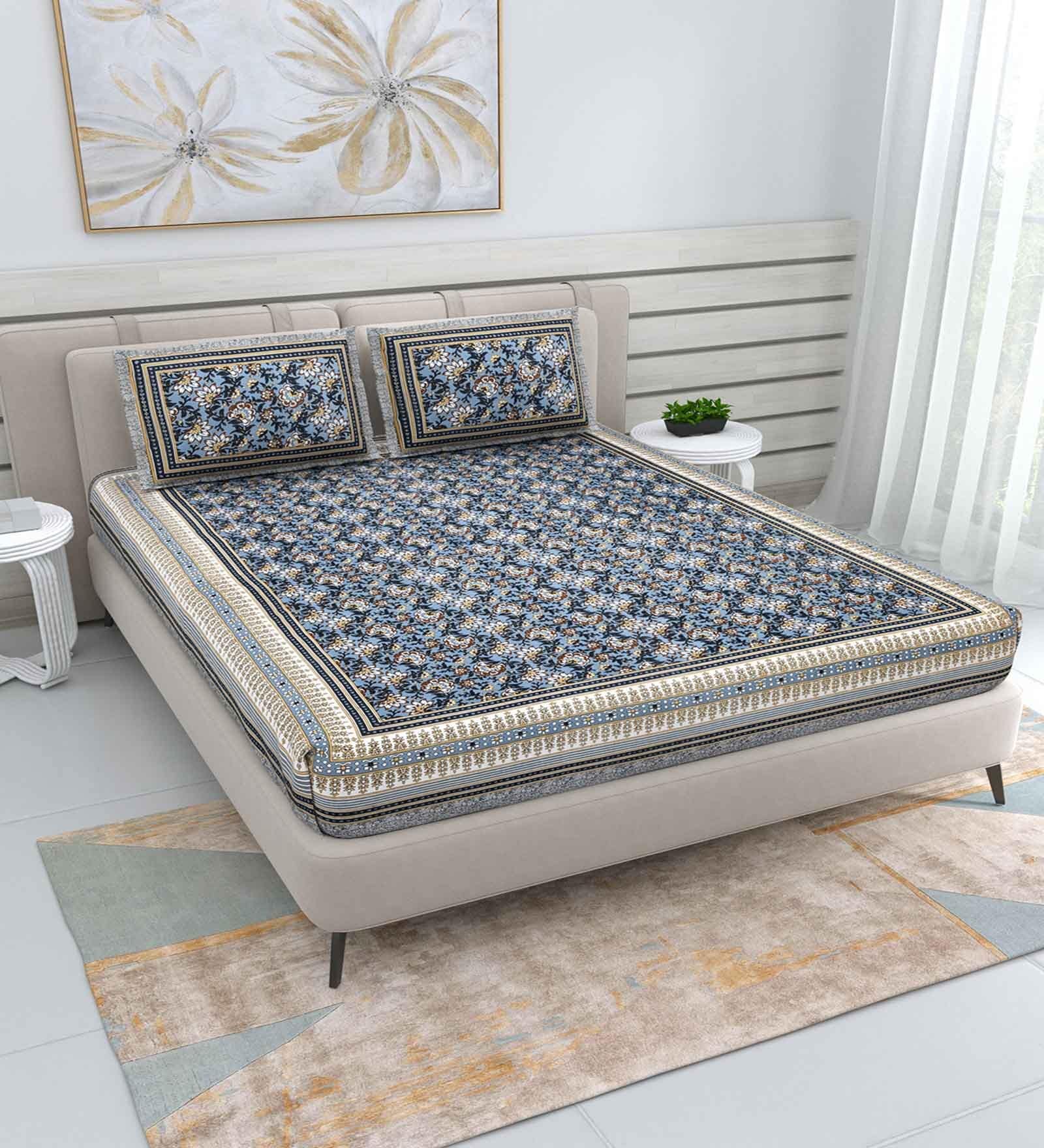 Navy Traditional 220 TC Cotton  Double Queen Bedsheet with 2 Pillow Covers