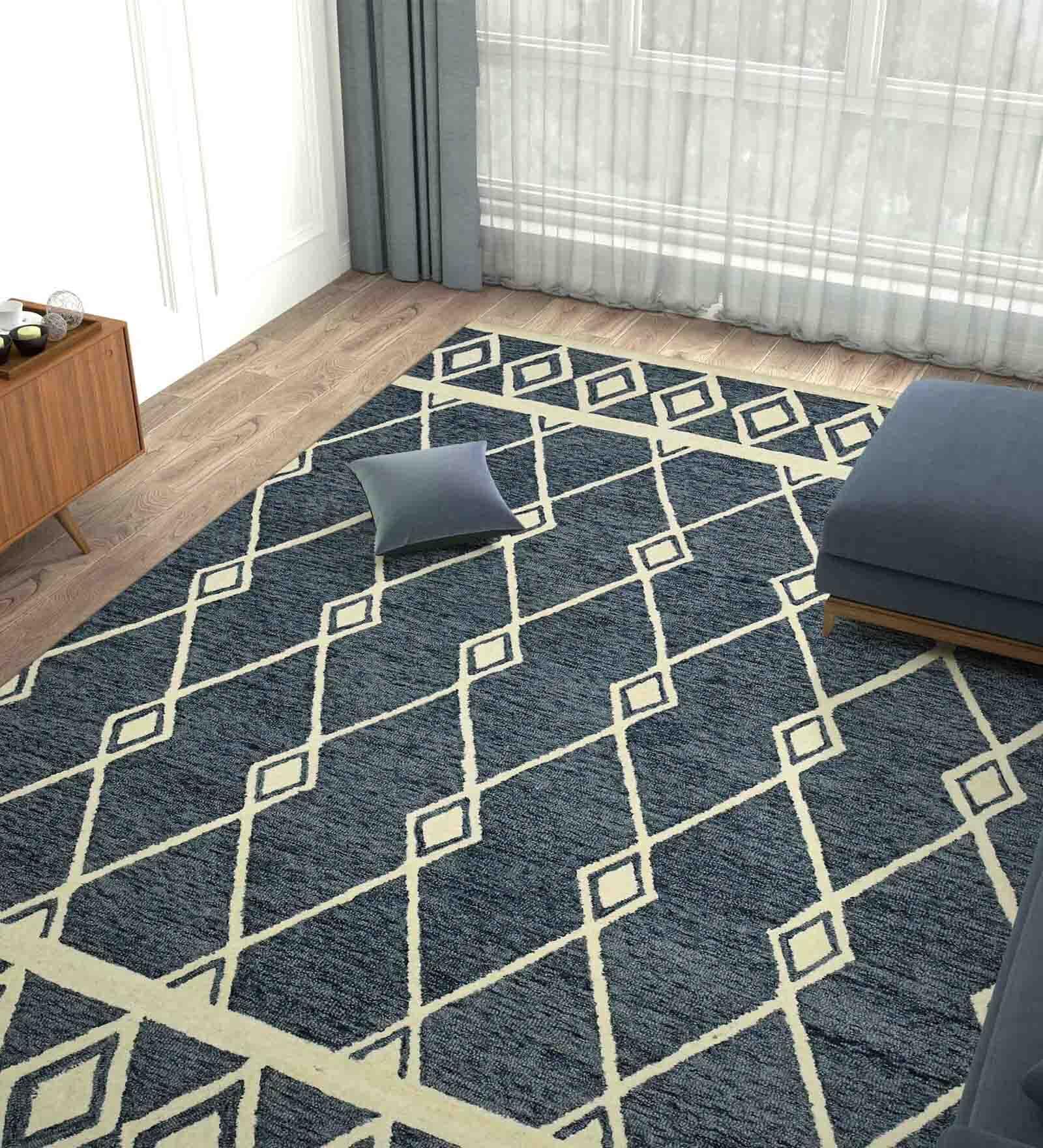 Blue Geometric Wool 8 ft x 10 ft Hand Tufted Carpet