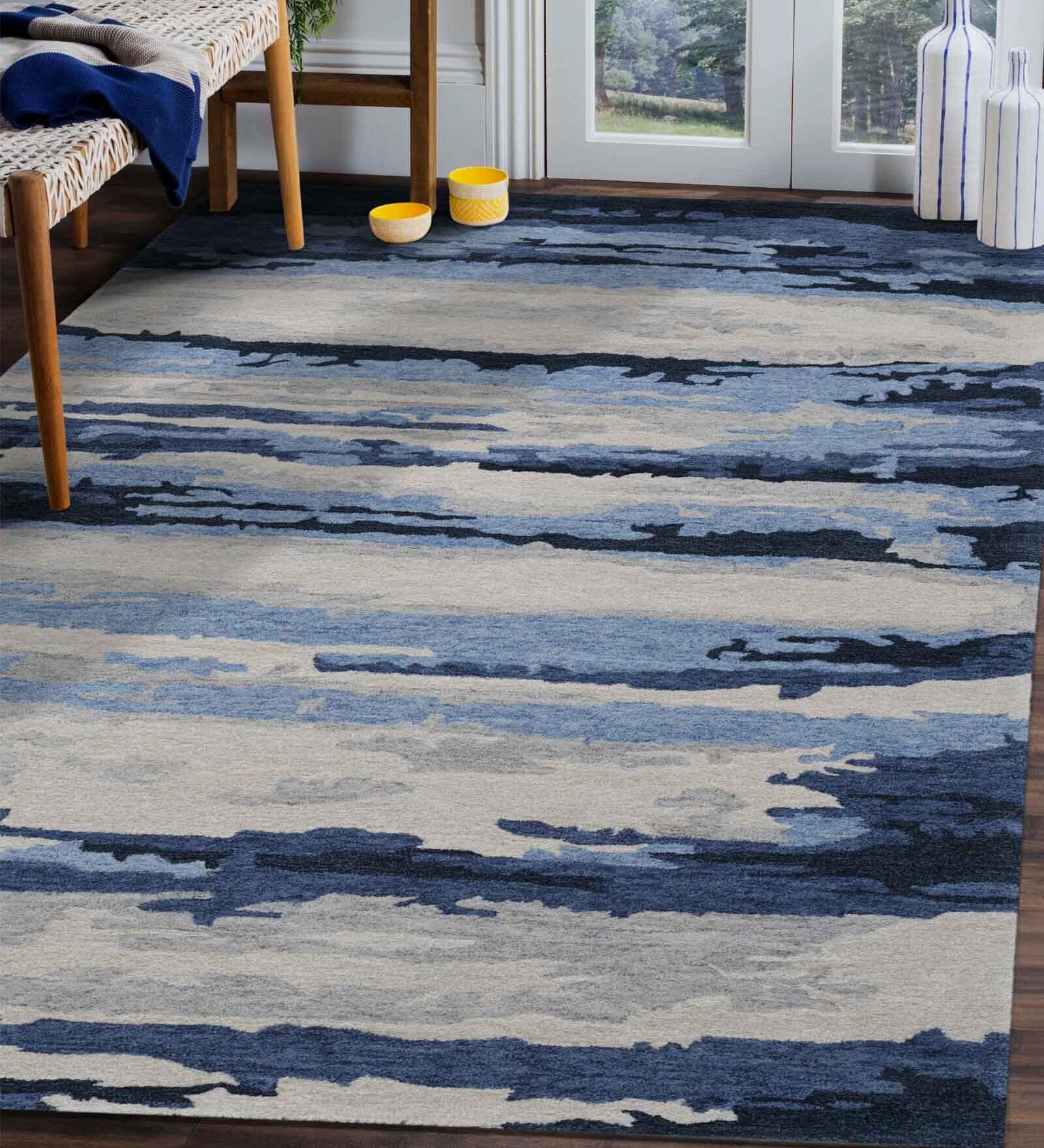 Blue Abstract Viscose 5 ft x 8 ft Hand Tufted Carpet