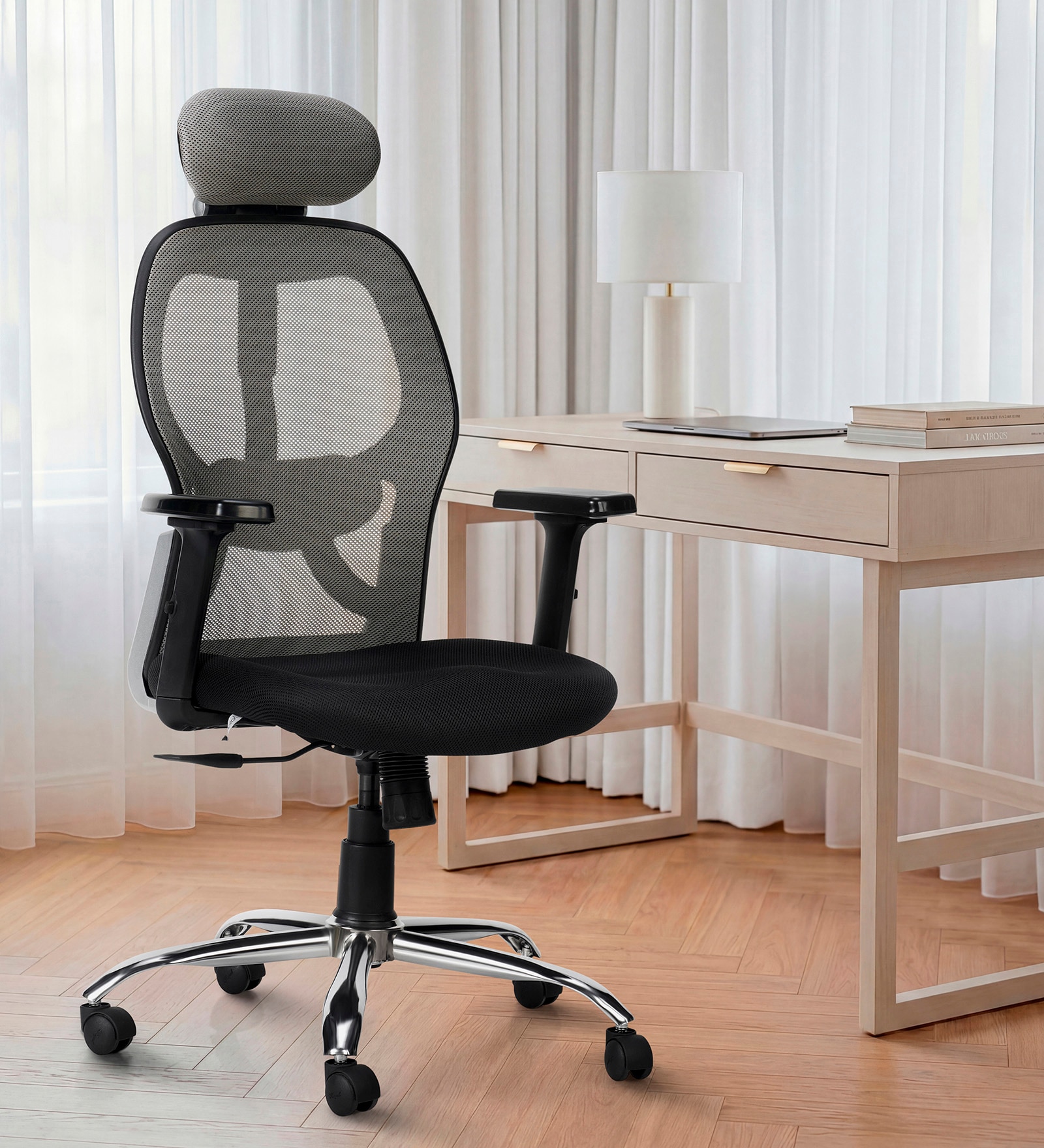 Navya Office Chair with Breathable Mesh and Adjustable Armrests in Grey