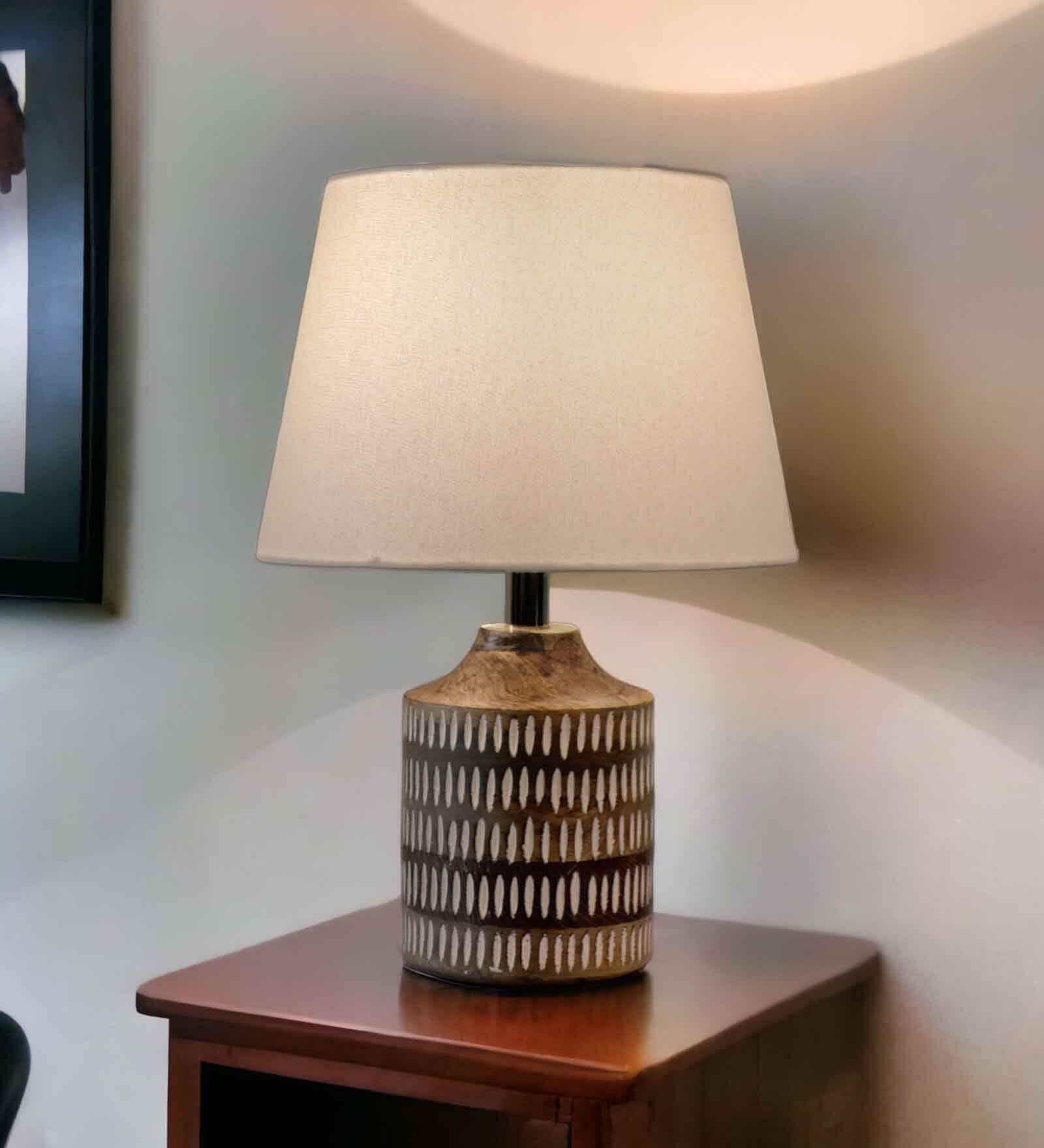Naybu Wooden Brown & White Table Lamp with Cotton Linen Off White Shade