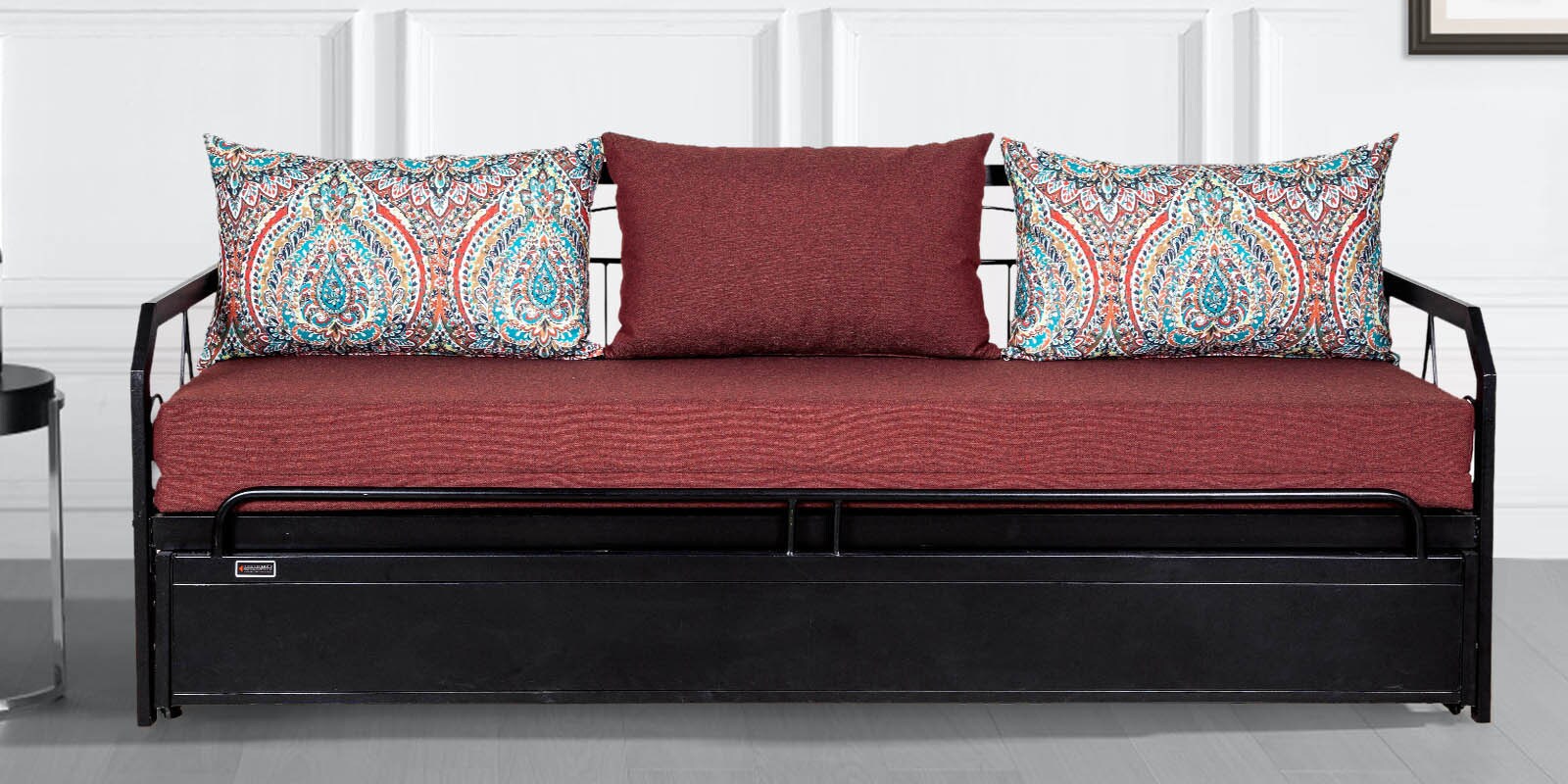Buy Nairobi Metal PullOut Sofa Cum Bed in Maroon Colour with Storage