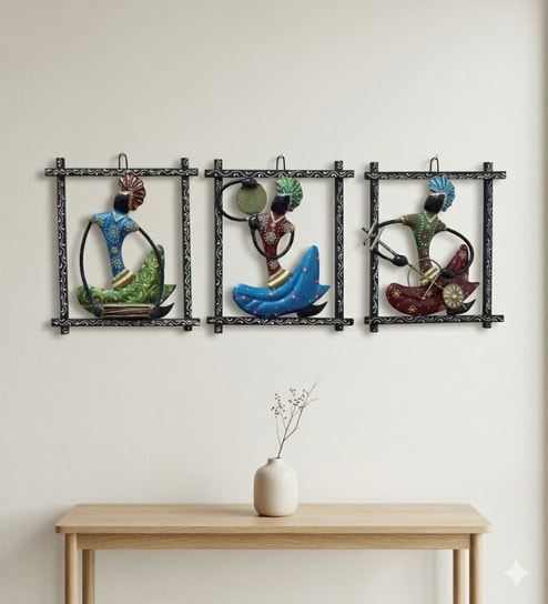 Multicolor Metal Nagpuri Musicians Frame Wall Hanging Set Of 3