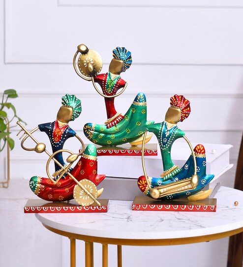 Multicolor Metal Nagpuri Musicians Decorative Showpiece Set Of 3