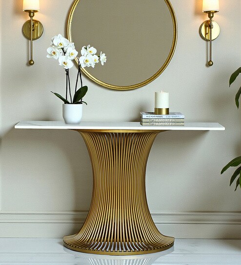 Naldo Metal Console Table In Gold Finish With Porcelain Top