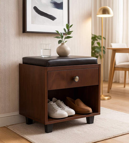 Nano Shoe Cabinet In Classic Walnut Finish With Seating