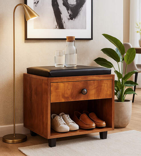 Nano Shoe Cabinet In Tan Finish With Seating
