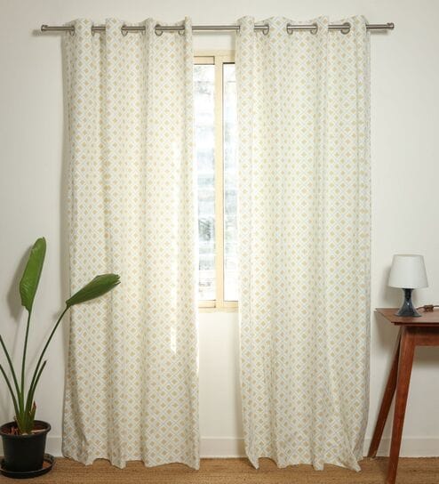 Naples Yellow & Blue Cotton 230 GSM  Geometric 9 Feet Room Darkening Eyelet Long Door Curtains (2 Pc)