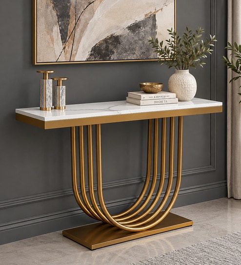 Narbonne Metal Console Table in Gold Finish with Porcelain Top
