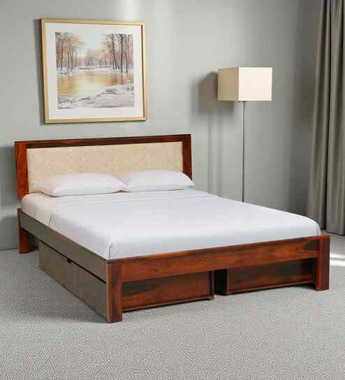 Narvik Sheesham Wood Queen Size Bed In Honey Oak  Finish Drawer Storage