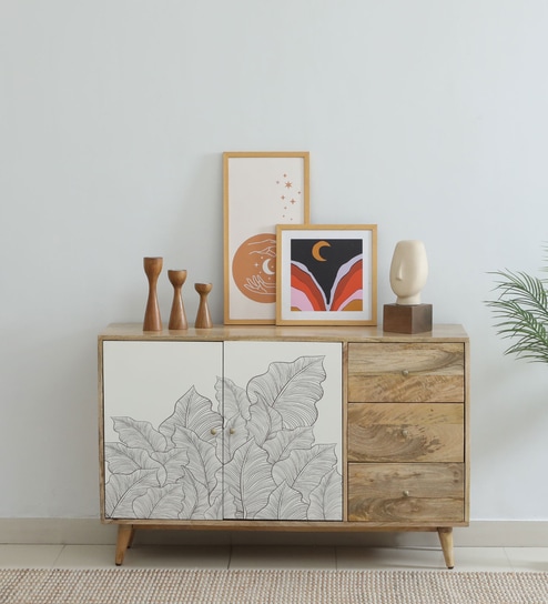 Natale Mango Wood 2 Door Sideboard In Natural Finish With Drawers Inspired By Ranthambore