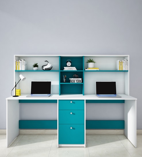 Natsu Hutch Desk in Frosty White And Ocean Green Finish