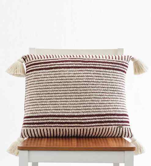 Natural & Maroon 100% Cotton Stripe Square 18X18 Inches Knitted Cushion Cover