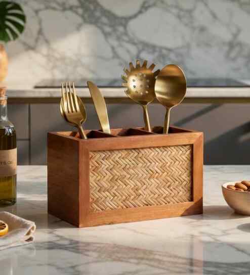 vareesha Natural Bamboo & Acacia Wood 3-Part Spoon & Cutlery Holder-picture-28