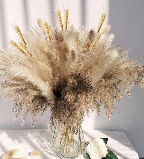 Set Of 100 Brown Metal Boho Pampas Grass Dried Plants