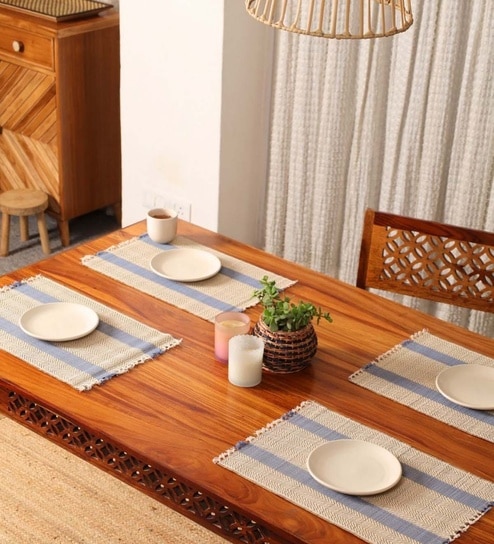 Natural Grass Handmade Heat Resistant  Powder Blue & Off White 4 Seater Set of 4 (12x18inches) Table Placemats