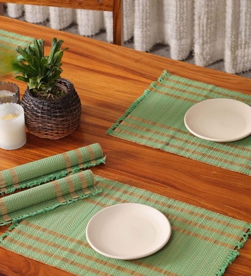 Natural Grass Handmade Heat Resistant Aqua Green & Beige 4 Seater Set of 4 (12x18inches) Table Placemats