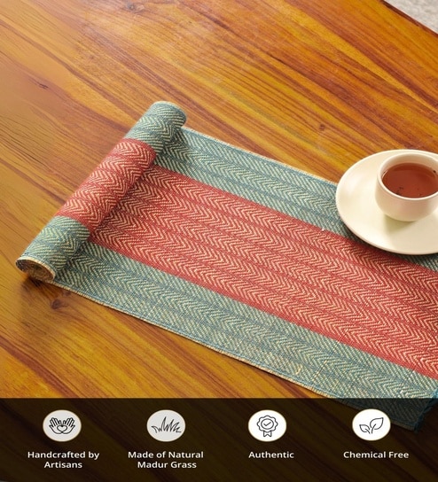 Natural Grass Handmade Heat Resistant Crystal Teal & Red  4 Seater (12x60inches) Table Runner