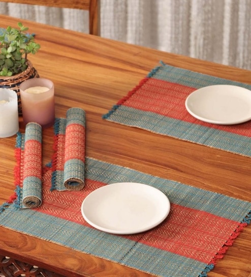 Natural Grass Handmade Heat Resistant Crystal Teal & Red 4 Seater Set of 4 (12x18inches) Table Placemats